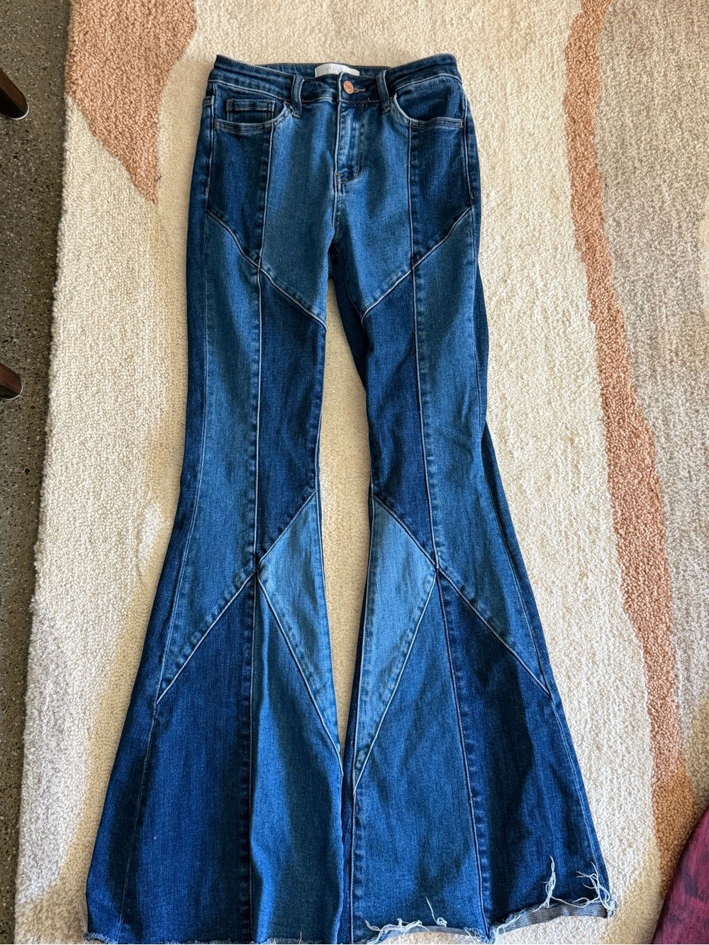 Patchwork Flare Jeans in Dark Blue Denim
